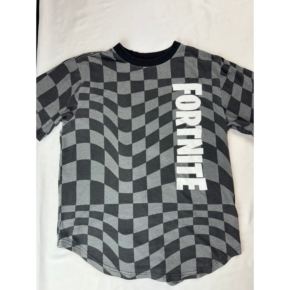 Fortnite Kids Boys XXL 18 T-Shirt Grey Black Warped Checkerboard Graphic Tee